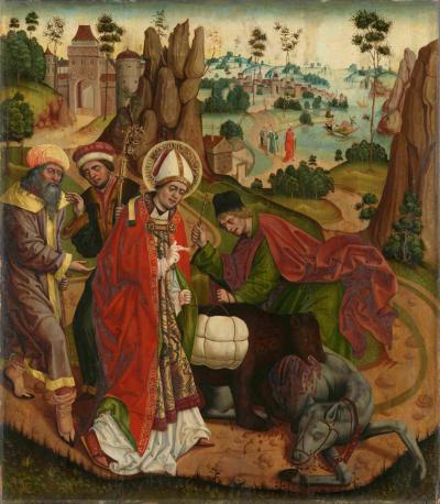 Jan Polack und Werkstatt: Der heilige Korbinian und der Bär, 1483/89. Aus dem Hochaltar der ehemaligen Kirche des Klosters Weihenstephan bei Freising, Öl auf Nadelholz, 147 x 129 cm Jan Polack und Werkstatt: Der heilige Korbinian und der Bär, 1483/89. Aus dem Hochaltar der ehemaligen Kirche des Klosters Weihenstephan bei Freising, Öl auf Nadelholz, 147 x 129 cm