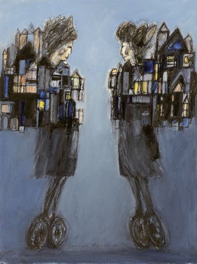 Abb. 1: Begegnungen unterwegs 35, 1995 - Schwarze Tusche, Gouache auf Papier, 36x47,5 cm, Privatbesitz