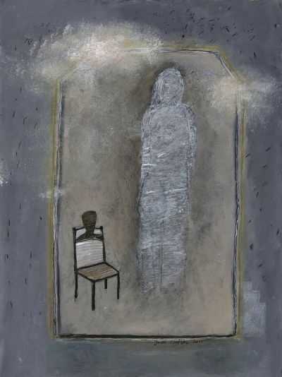 Abb. 65: Geister und Häuser 3, 2015 - Acrylfarbe, Buntstifte auf Papier, 30x40 cm, Privatbesitz