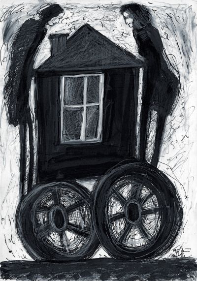 Abb. 69: Begegnungen unterwegs 37, 1995 - Schwarze Tusche, Acryl, Kreide auf Papier, 29,5x42 cm, Privatbesitz