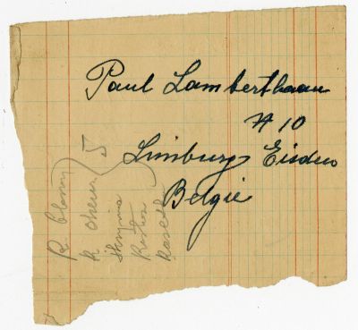 Dokument Nr. 108/1 - Zettel mit Namen zweier Personen (diese Seite Paul Lamberthaan) aus Limburg-Eijsden, fälschlicherweise Belgien statt Niederlande zugeordnet, sowie sonstigen Notizen 
