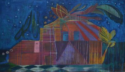 Blaues Haus - 2015, Öl, Acryl, Ölstift, Kreide auf Leinwand, 80 x 120 cm