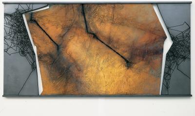 Abb. 25: Land/Über/Gang XV/2, 2002 - Land/Über/Gang XV/2, 2002. Acryl, Pigmente, Graphit auf Hartfaser, 100 x 200 cm, Privatbesitz