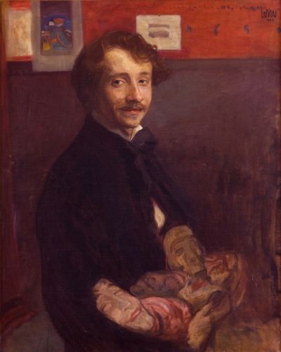 Abb. 26: Selbstbildnis mit Masken, 1900 - Wojciech Weiss: Selbstbildnis mit Masken, 1900. Öl auf Leinwand, 90 x 72 cm, Inv Nr. MNK II-b-877, Nationalmuseum Krakau/Muzeum Narodowe w Krakowie
