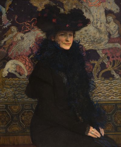 Abb. 27: Bildnis der Ehefrau des Künstlers vor Pegasus, 1913 - Józef Mehoffer: Bildnis der Ehefrau des Künstlers vor Pegasus, 1913. Öl auf Leinwand, 95 x 78 cm, Nationalmuseum Krakau/Muzeum Narodowe w Krakowie