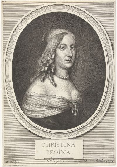 Abb. 38: Christina, Königin von Schweden - Kupferstich nach einem Gemälde von David Beck, 31,6 x 22,1 cm, sign.: J. Falck sculp. et excu. cum priv. R.S. Stockholmiae 1649.