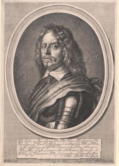 Abb. 47: Hans Christoph Graf von Königsmarck - Kupferstich nach einem Gemälde von David Beck oder Matthäus Merian, 31,2 x 21,7 cm, sign. unter dem Text: Je. Falck S.R.M. Chalcographus, unten: J. Falck sculp. et excu. cum priv. R.S. Stockholmiae 1651.