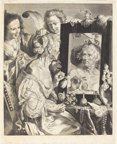 Abb. 77: Alte Frau am Toilettentisch - 1655/57. Kupferstich nach einem Gemälde von Bernardo Strozzi (früher Johann Liss zugeschrieben), 37 x 30,4 cm.