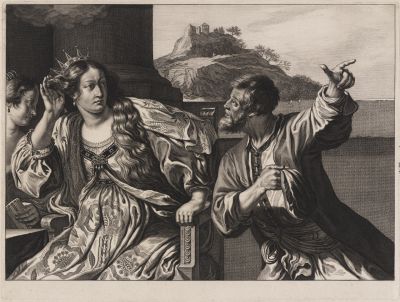 Abb. 80: Königin Semiramis erhält Kunde vom Aufstand in Babylon - 1655/57. Kupferstich nach einem Gemälde von Guercino, 29,3 x 38,9 cm.