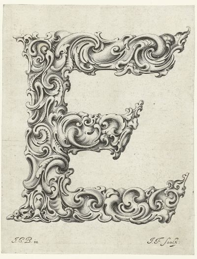 Abb. 87e: Buchstabe E - Aus der Folge Libellus novus elementorum latinorum, 20,5 x 15,8 cm, signiert unten rechts: J.F. sculp.