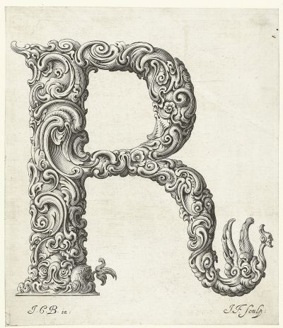 Abb. 87r: Buchstabe R - Aus der Folge Libellus novus elementorum latinorum, 20,6 x 17,7 cm, signiert unten rechts: J.F. sculp.