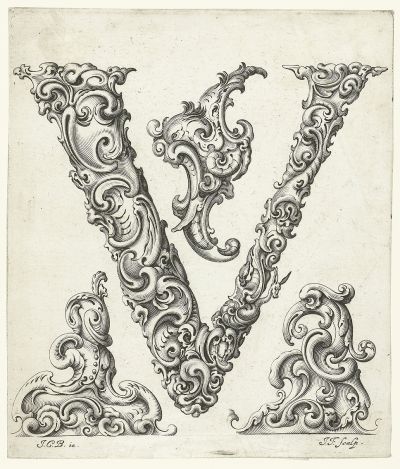 Abb. 87v: Buchstabe V - Aus der Folge Libellus novus elementorum latinorum, 20,9 x 17,9 cm, signiert unten rechts: J.F. sculp.