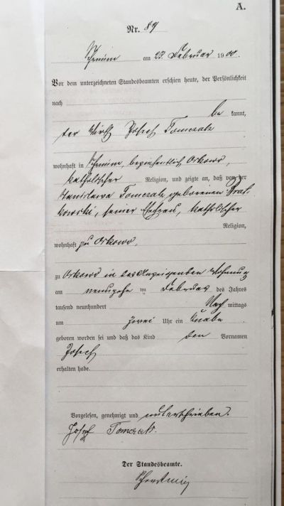Geburtsurkunde von Józef Tomczak - Geburtsort war Orkowo 